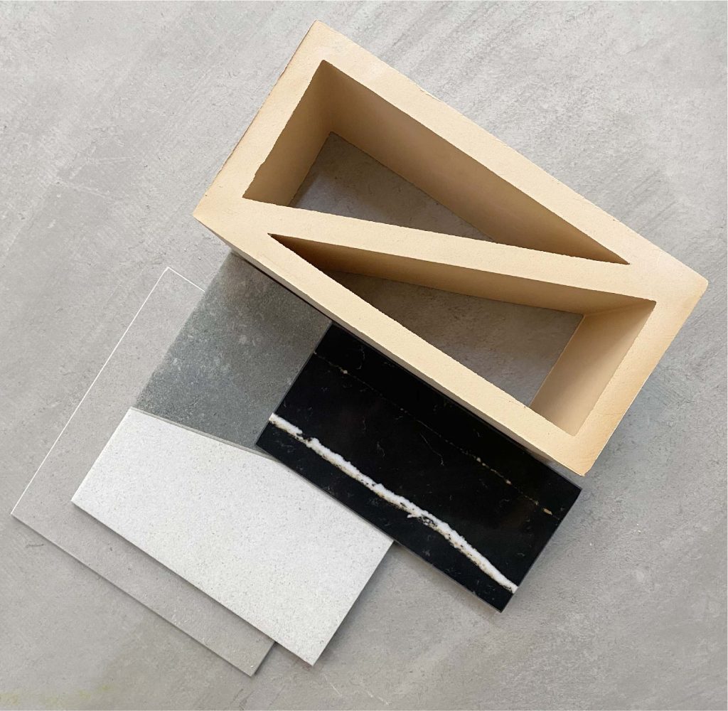 Moodboard de materiales y geometría en proceso de proyecto arquitectónico