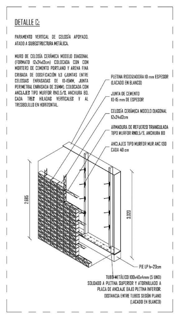 Detalle constructivo de celosía cerámica en proyecto de arquitectura