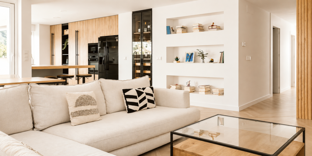 Vista general del salón y la cocina integrados en la reforma de un ático, con sofá en L, mobiliario de madera clara, estanterías de obra y pavimento en espiga.